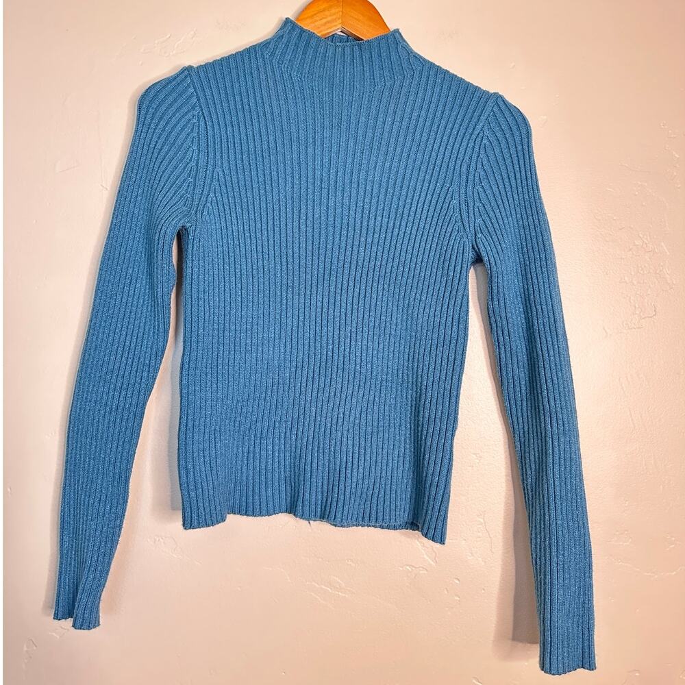 Peacock Blue Ribbed Mock Neck Long Sleeve Sweater